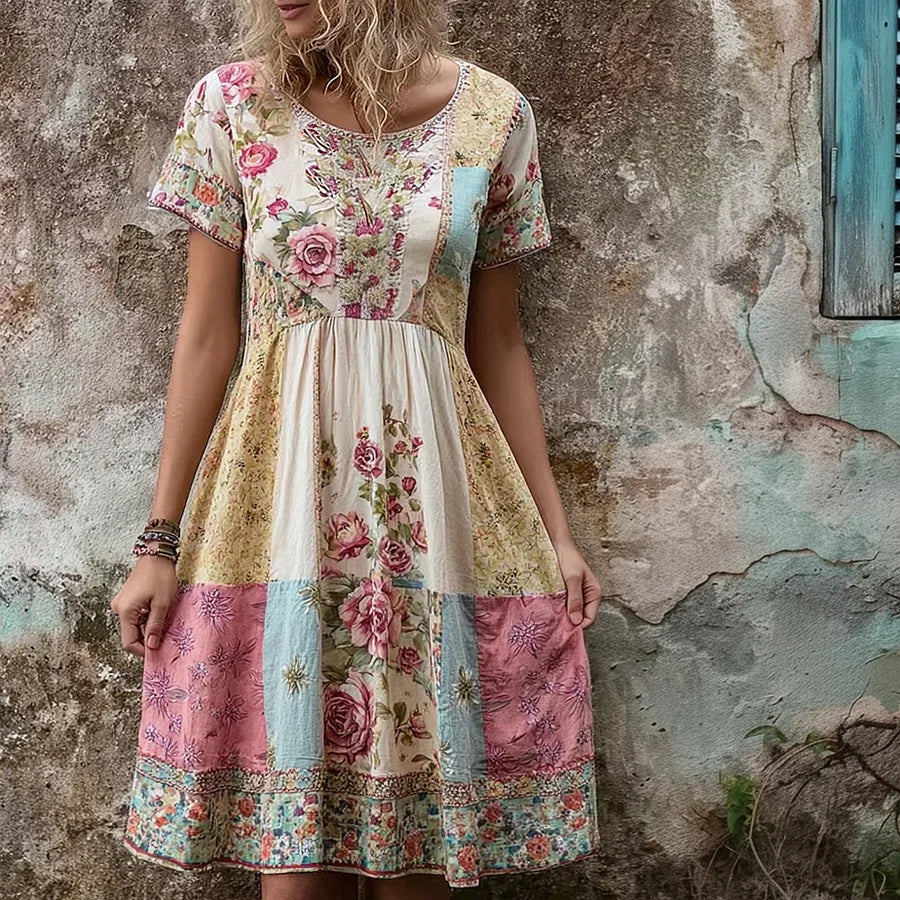 Cardydony Vintage Boho Floral Patchwork Comfy Linen Midi Dress