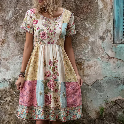 Cardydony Vintage Boho Floral Patchwork Comfy Linen Midi Dress