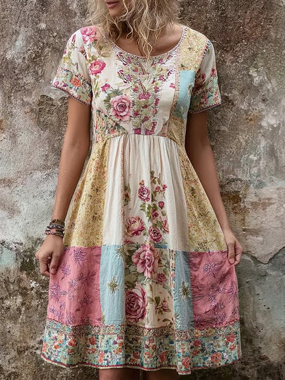 Cardydony Vintage Boho Floral Patchwork Comfy Linen Midi Dress
