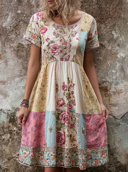 Cardydony Vintage Boho Floral Patchwork Comfy Linen Midi Dress