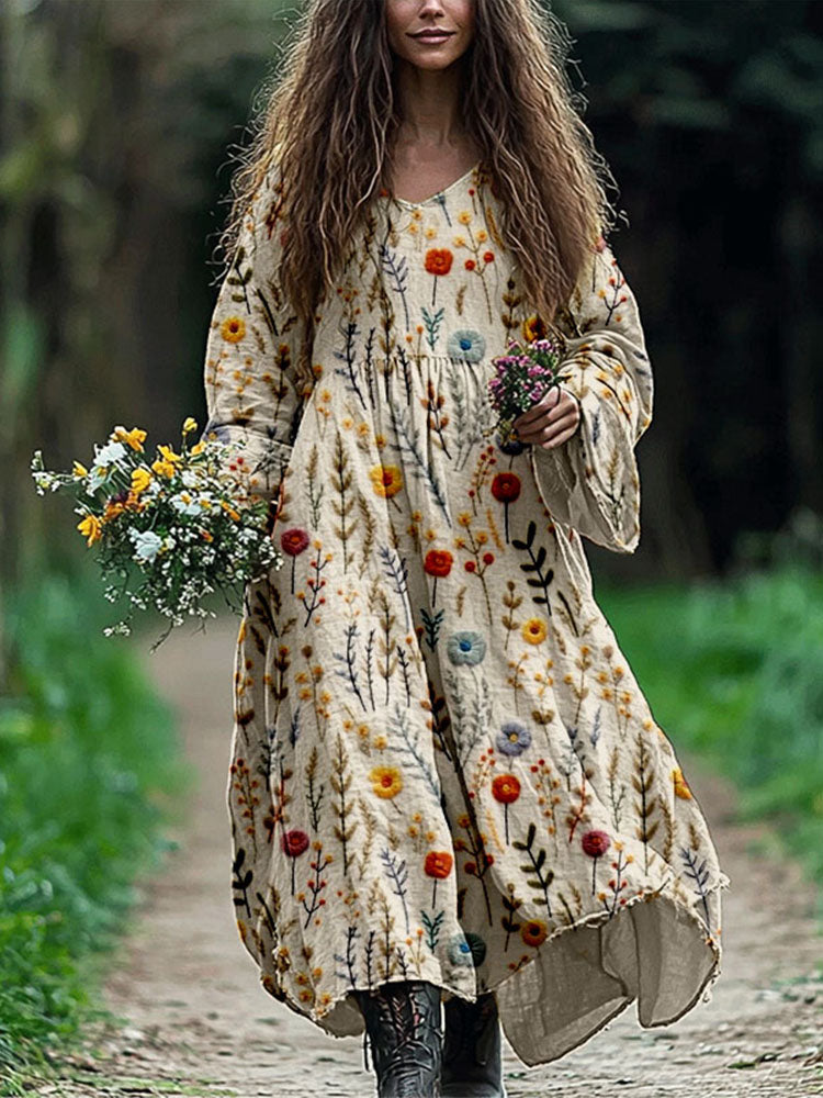 Cardydony Vintage Boho Flowers Embroidered Linen Blend Maxi Dress