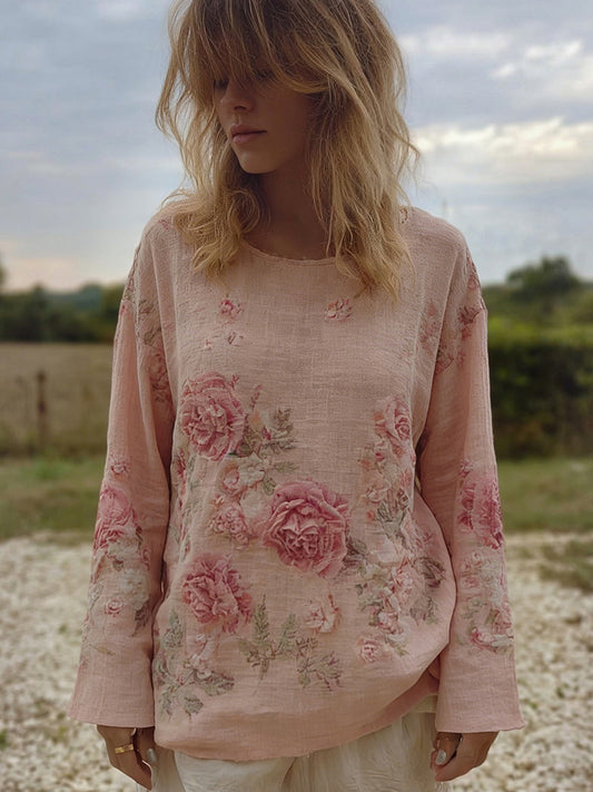 Cardydony Vintage Boho Roses Pattern Round Neck Cozy Linen Tunic