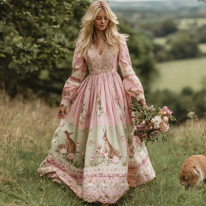 Cardydony Vintage Bunny With Floral Art Women's Linen Long Sleeve Maxi V-neck Dress