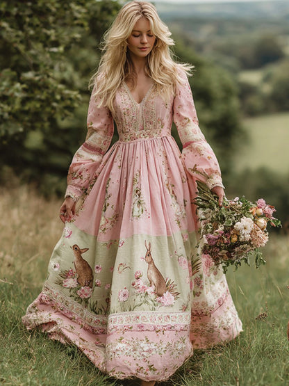 Cardydony Vintage Bunny With Floral Art Women's Linen Long Sleeve Maxi V-neck Dress