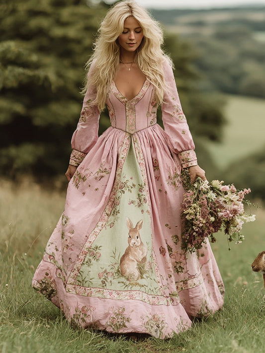 Cardydony Vintage Bunny With Floral Art Women's Linen Long Sleeve Maxi V-neck Dress