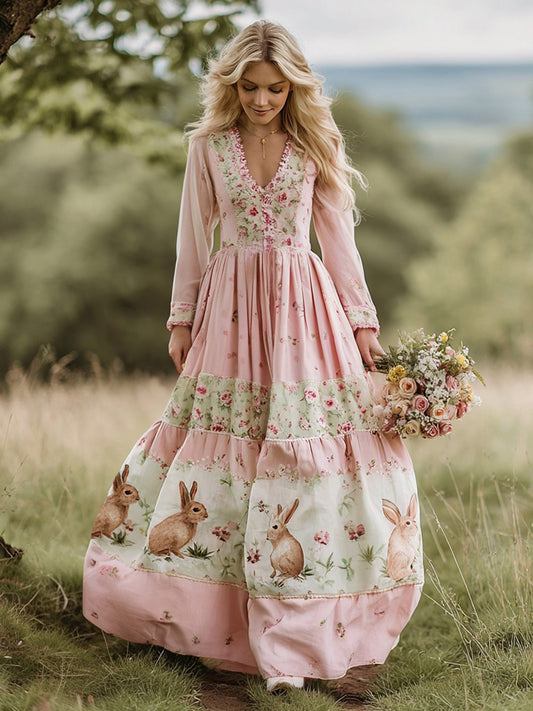 Cardydony Vintage Bunny With Floral Art Women's Linen Long Sleeve Maxi V-neck Dress