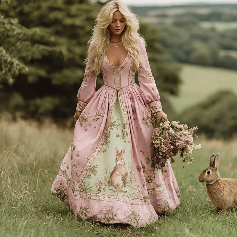 Cardydony Vintage Bunny With Floral Art Women's Linen Long Sleeve Maxi V-neck Dress
