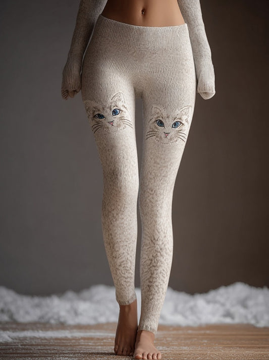 Cardydony Vintage Cat Face Embroidered Comfy Knit Leggings
