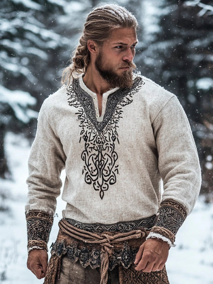 Cardydony Vintage Celtic Totem Men's Long Sleeve Linen Shirt