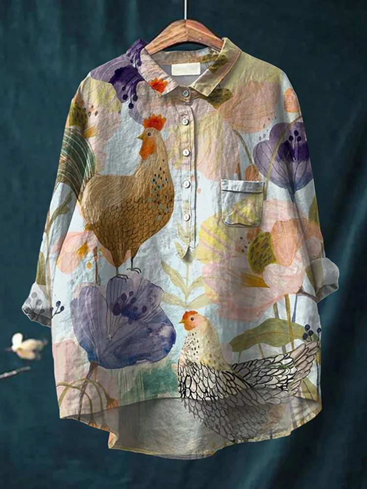 Cardydony Vintage Chicken And Floral Art Print Casual Cotton And Linen Shirt