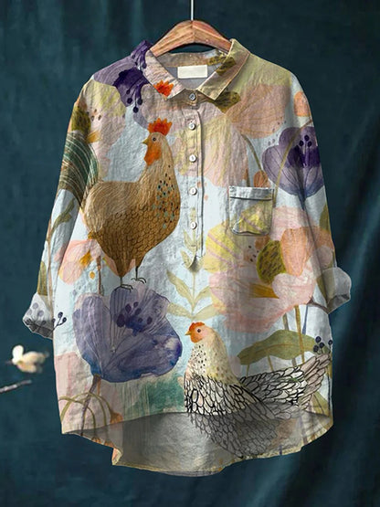 Cardydony Vintage Chicken And Floral Art Print Casual Cotton And Linen Shirt