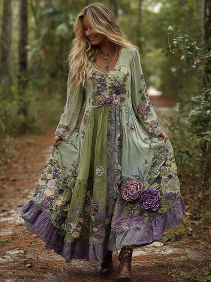 Cardydony Vintage Classy Gradient Purple Lavender And Floral Embroidered Maxi Dress