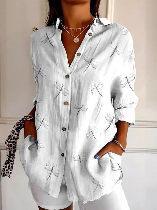 Cardydony Vintage Dragonfly Embroidery Art Women's Shirt