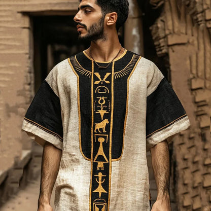 Cardydony Vintage Egyptian Rune Embroidered Contrast Linen Shirt