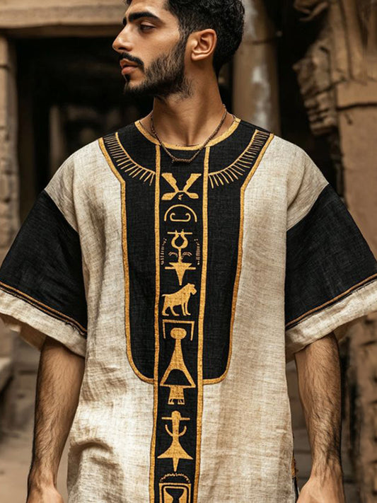 Cardydony Vintage Egyptian Rune Embroidered Contrast Linen Shirt