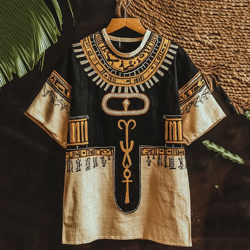 Cardydony Vintage Egyptian Rune Embroidered Contrast Linen Shirt