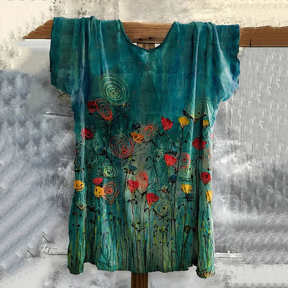 Cardydony Vintage Embroidered Floral Art Cotton T-shirt