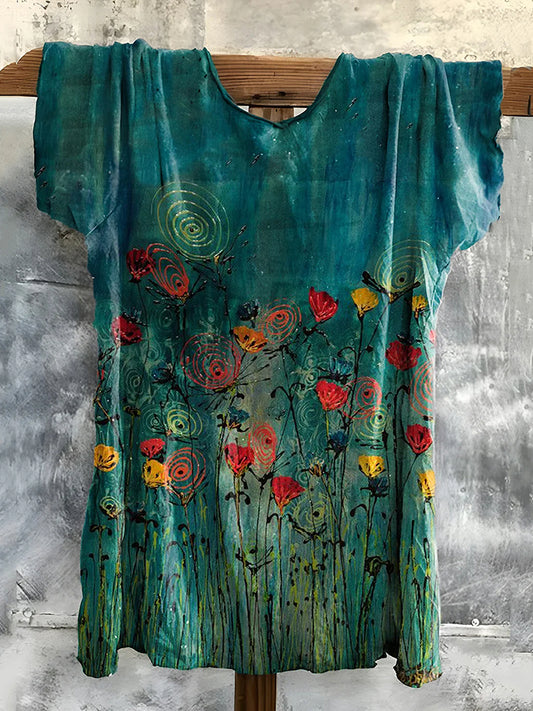 Cardydony Vintage Embroidered Floral Art Cotton T-shirt