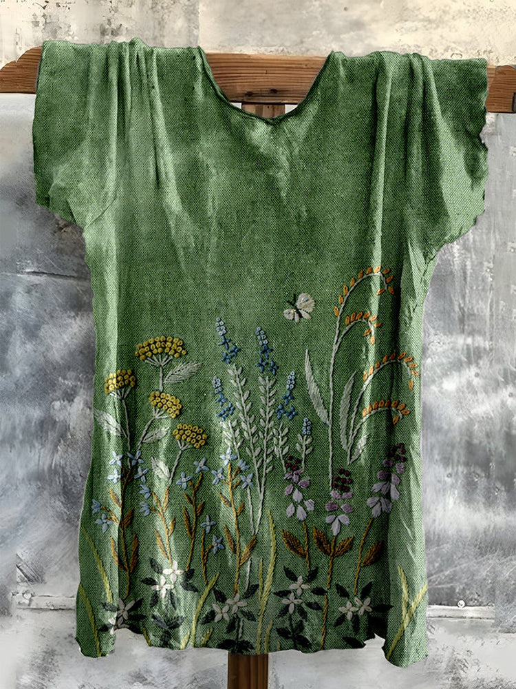 Cardydony Vintage Embroidered Fresh Floral Cotton T-shirt