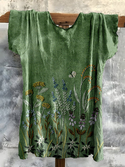 Cardydony Vintage Embroidered Fresh Floral Cotton T-shirt