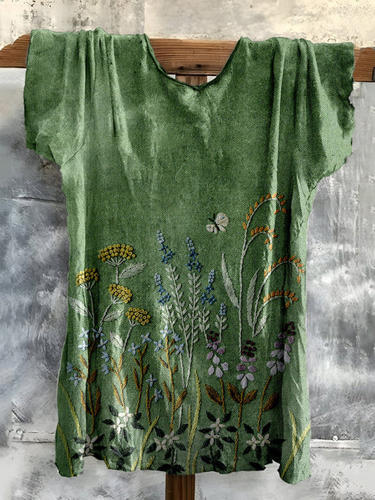 Cardydony Vintage Embroidered Fresh Floral Cotton T-shirt
