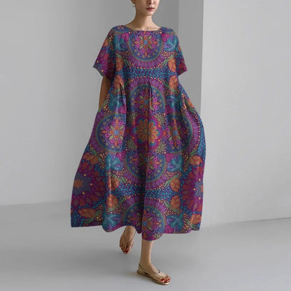 Cardydony Vintage Ethnic Print Short Sleeve Loose Midi Dress
