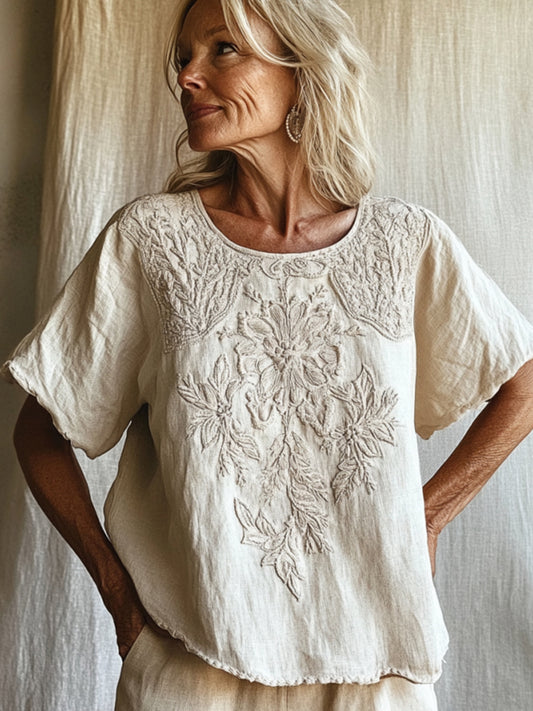 Cardydony Vintage Floral Art Cotton Linen Comfy Shirt