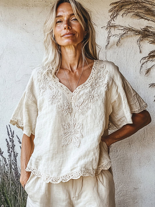Cardydony Vintage Floral Art V Neck Cotton Linen Comfy Shirt