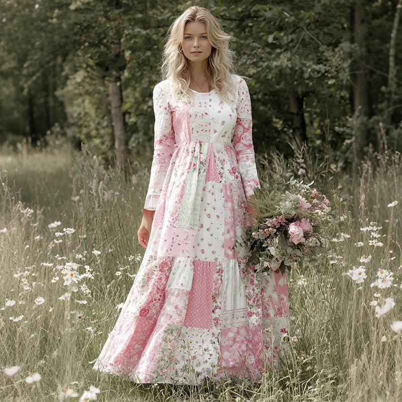 Cardydony Vintage Floral Art Women's Linen Long Sleeve Maxi Dress
