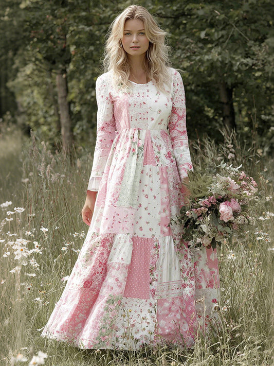 Cardydony Vintage Floral Art Women's Linen Long Sleeve Maxi Dress