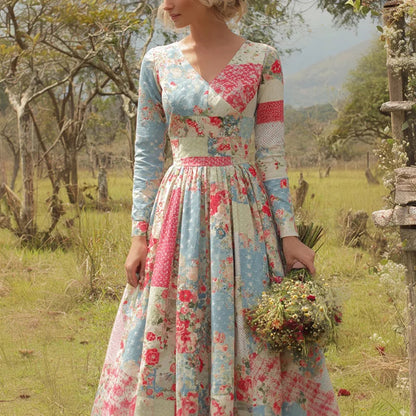 Cardydony Vintage Floral Art Women's Linen Long Sleeve Maxi V-neck Dress