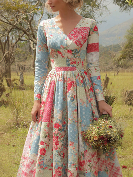Cardydony Vintage Floral Art Women's Linen Long Sleeve Maxi V-neck Dress