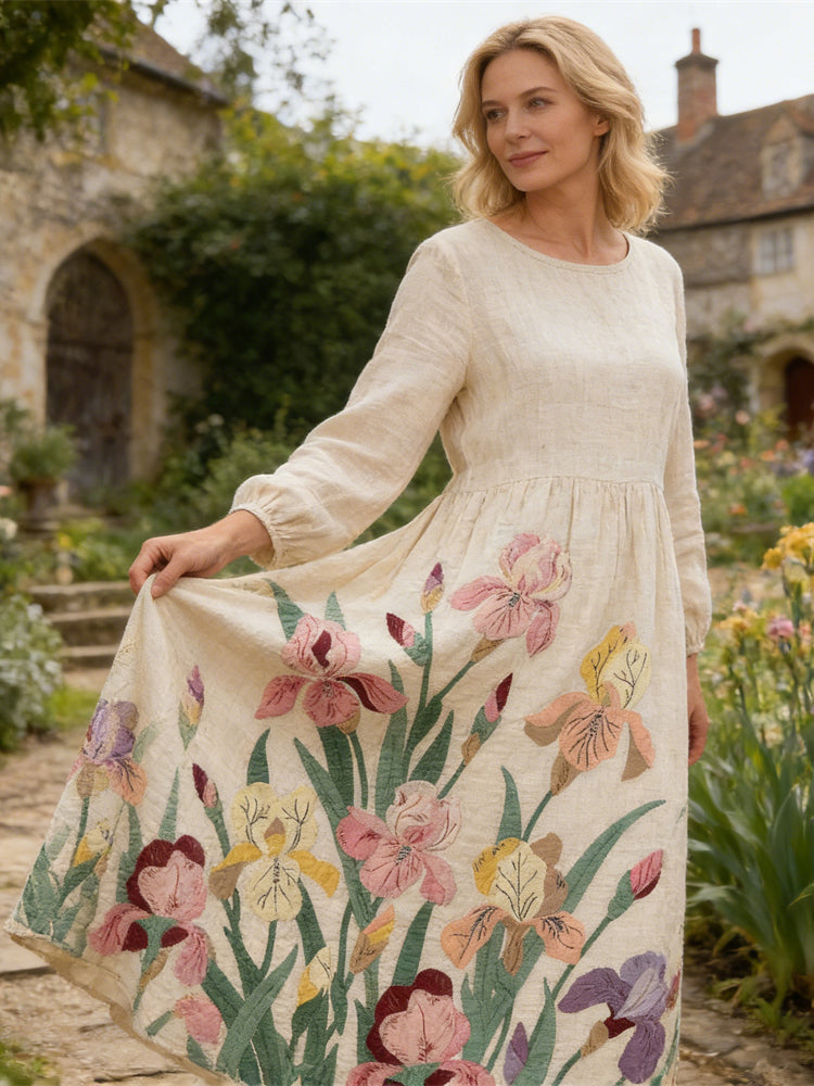 Cardydony Vintage Floral Art Women's Linen Long Sleeve Midi Dress