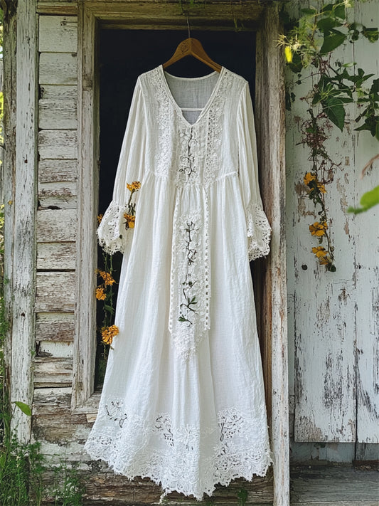 Cardydony Vintage Floral Embroidered Lace Hem Linen Maxi Dress