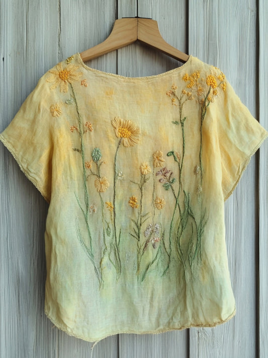 Cardydony Vintage Floral Gradient Embroidered Comfy Shirt