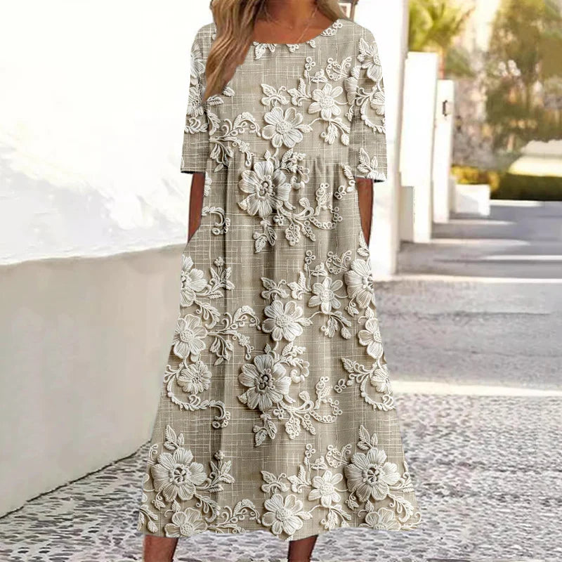 Cardydony Vintage Floral Lace Embroidered Linen Blend Maxi Dress