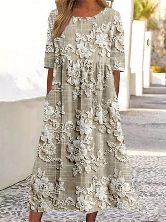 Cardydony Vintage Floral Lace Embroidered Linen Blend Maxi Dress