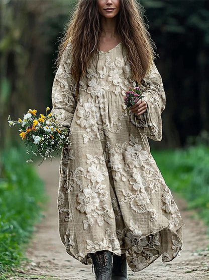 Cadydony Vintage Floral Lace Embroidered Linen Blend Maxi Dress
