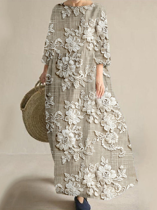 Cardydony Vintage Floral Lace Embroidered Linen Blend Maxi Dress
