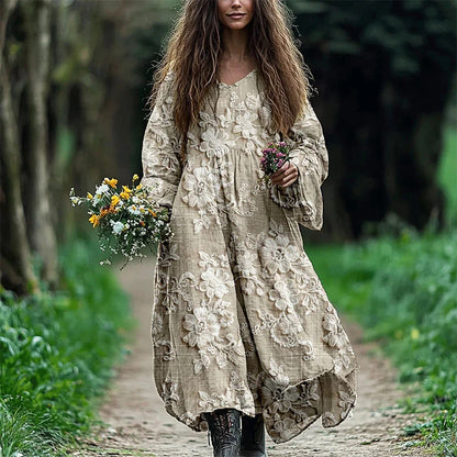Cadydony Vintage Floral Lace Embroidered Linen Blend Maxi Dress