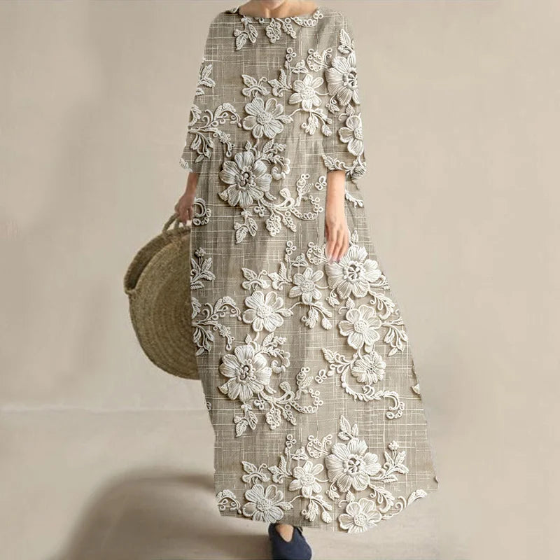 Cardydony Vintage Floral Lace Embroidered Linen Blend Maxi Dress