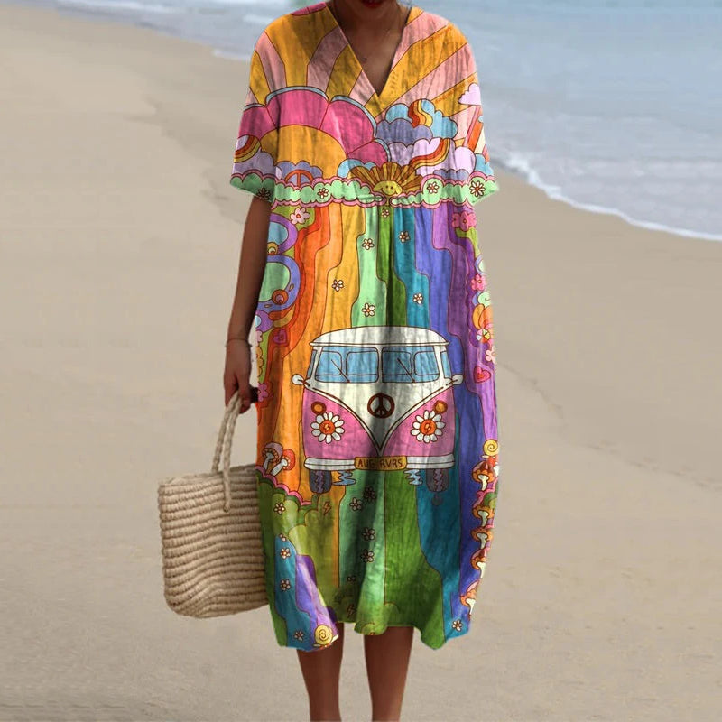 Cardydony Vintage Hippie Vibe Peace And Love Hippie Bus Pattern Printed Women's Flowy Dress