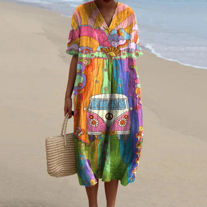 Cardydony Vintage Hippie Vibe Peace And Love Hippie Bus Pattern Printed Women's Flowy Dress