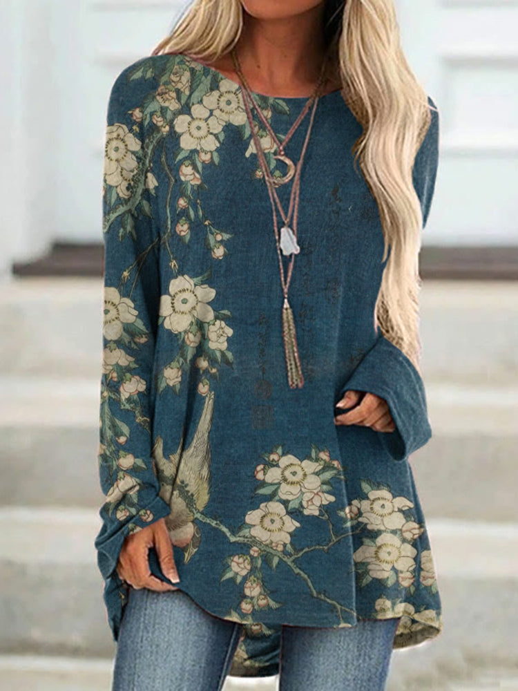 Cardydony Vintage Japanese Art Flower And Bird Print Casual Tunic