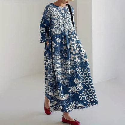 Cardydony Vintage Japanese Art Flower Print Casual Midi Dress