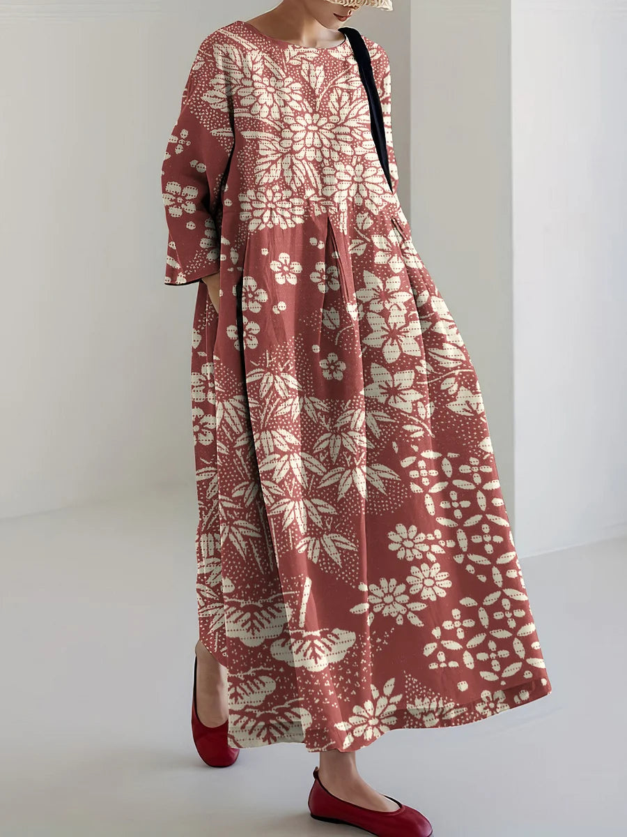 Cardydony Vintage Japanese Art Flower Print Casual Midi Dress