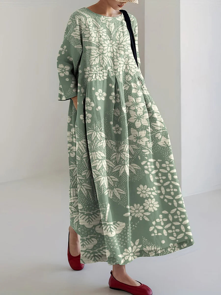 Cardydony Vintage Japanese Art Flower Print Casual Midi Dress