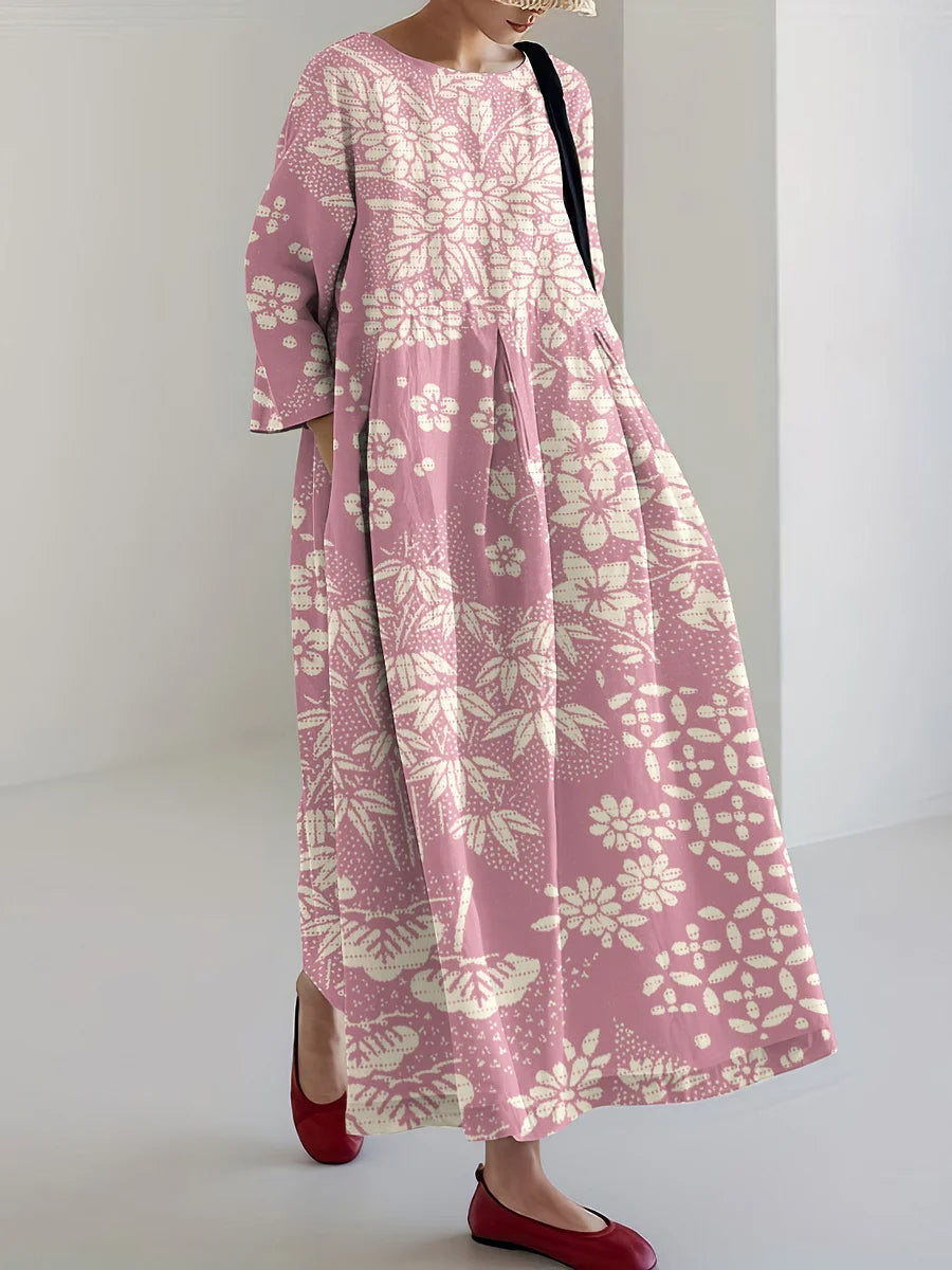 Cardydony Vintage Japanese Art Flower Print Casual Midi Dress