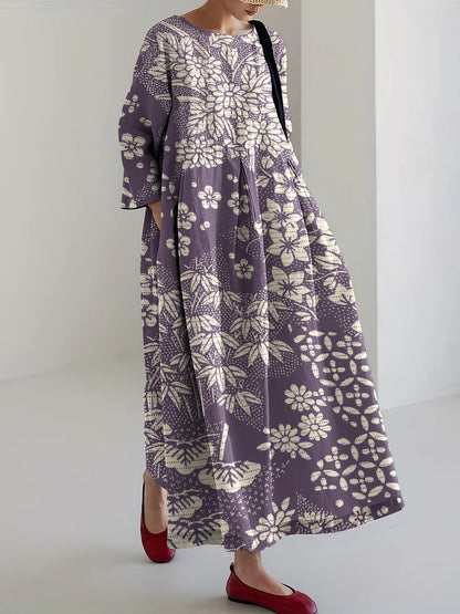 Cardydony Vintage Japanese Art Flower Print Casual Midi Dress