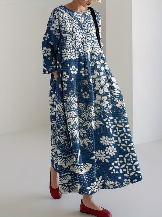 Cardydony Vintage Japanese Art Flower Print Casual Midi Dress